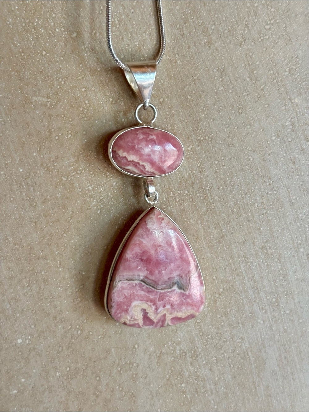 Natural Rhodochrosite Crystal 925 Silver Double Pendant Necklace – Argentina